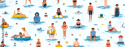Summer Beach Vacation Illustration with People Swimming and Relaxing