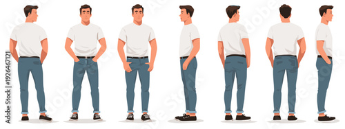 Vector illustration of a male body and casual outfit with jeans and t-shirt from many sides
