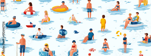 Summer Beach Vacation Illustration with People Swimming and Relaxing
