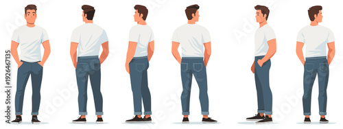 Vector illustration of a male body and casual outfit with jeans and t-shirt from many sides