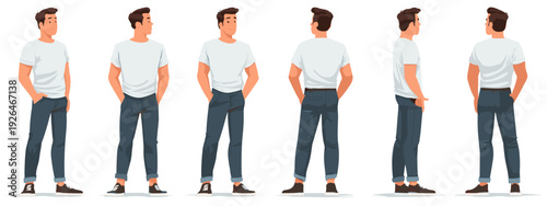 Vector illustration of a male body and casual outfit with jeans and t-shirt from many sides