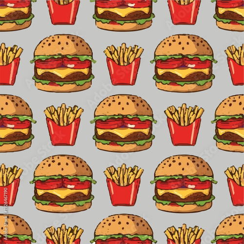  Juicy burgers and crispy fries arranged in a pattern isolated on transparent background