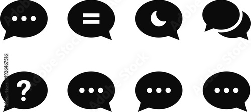 Chat bubble icon set with message, typing dots, question mark and night mode symbols isolated on white background flat vector illustration