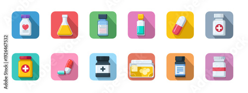 Flat Medical Icons Set with Pills, Syringe, Medicine Bottles and First Aid Kit Isolated on White