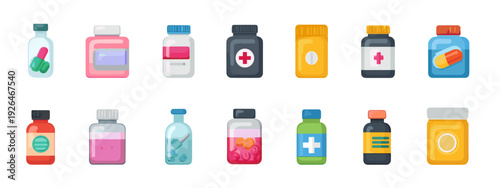 Flat Medical Icons Set with Pills, Syringe, Medicine Bottles and First Aid Kit Isolated on White