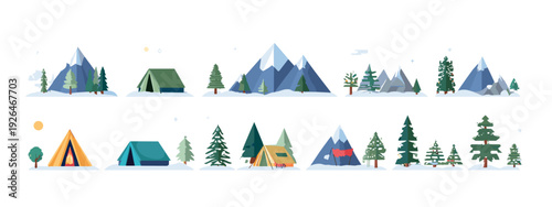 Set of Mountain and Forest Landscape Icons in Flat Design Isolated on White