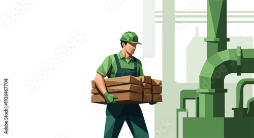 Vector illustration of worker carrying wood inside factory. Can be used for construction, lumber or manufacturing company.