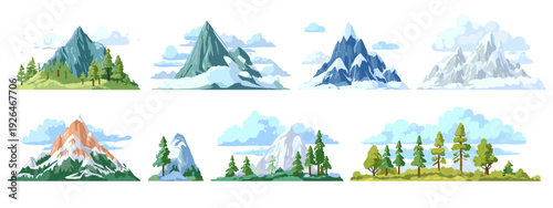 Set of Mountain and Forest Landscape Icons in Flat Design Isolated on White