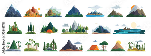 Set of Mountain and Forest Landscape Icons in Flat Design Isolated on White