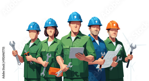 Team of diverse renewable energy technicians inspecting wind turbines, using tools and tablets; graphic illustration, ideal for sustainable energy themes.
