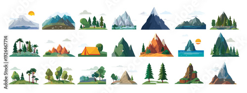 Set of Mountain and Forest Landscape Icons in Flat Design Isolated on White
