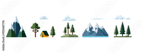 Set of Mountain and Forest Landscape Icons in Flat Design Isolated on White