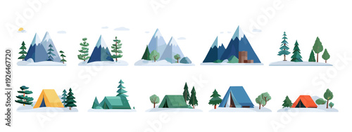 Set of Mountain and Forest Landscape Icons in Flat Design Isolated on White