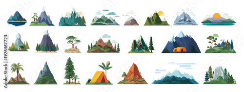 Set of Mountain and Forest Landscape Icons in Flat Design Isolated on White