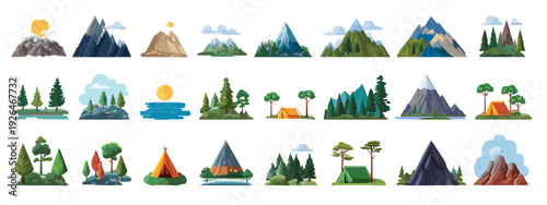Set of Mountain and Forest Landscape Icons in Flat Design Isolated on White