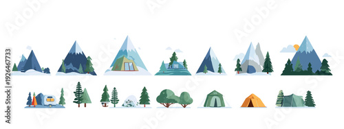 Set of Mountain and Forest Landscape Icons in Flat Design Isolated on White