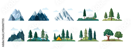 Set of Mountain and Forest Landscape Icons in Flat Design Isolated on White