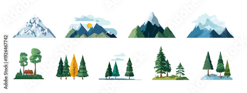 Set of Mountain and Forest Landscape Icons in Flat Design Isolated on White