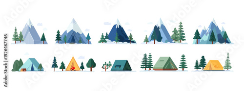 Set of Mountain and Forest Landscape Icons in Flat Design Isolated on White
