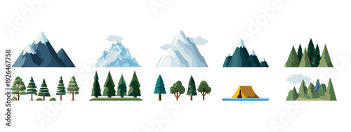 Set of Mountain and Forest Landscape Icons in Flat Design Isolated on White
