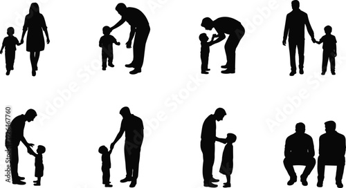 Set of black family silhouettes with parents and children in various poses including walking holding hands and playing together vector.
