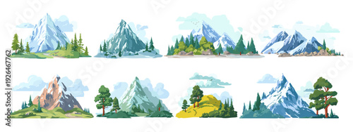 Set of Mountain and Forest Landscape Icons in Flat Design Isolated on White