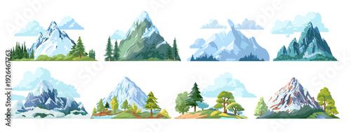 Set of Mountain and Forest Landscape Icons in Flat Design Isolated on White