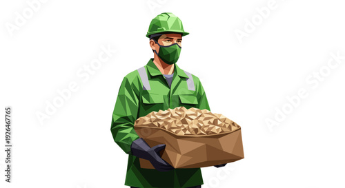 Low poly vector illustration of a worker wearing a green hard hat and mask, holding a large sack of grain on a white background, suitable for agriculture or industrial themes.