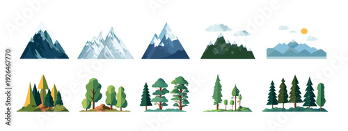 Set of Mountain and Forest Landscape Icons in Flat Design Isolated on White