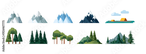 Set of Mountain and Forest Landscape Icons in Flat Design Isolated on White