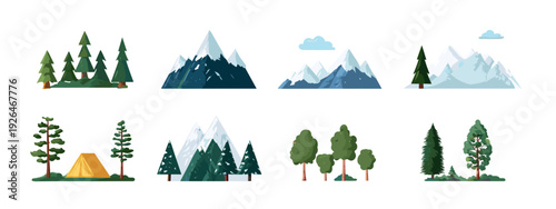 Set of Mountain and Forest Landscape Icons in Flat Design Isolated on White
