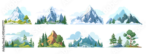 Set of Mountain and Forest Landscape Icons in Flat Design Isolated on White
