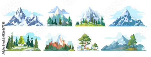Set of Mountain and Forest Landscape Icons in Flat Design Isolated on White