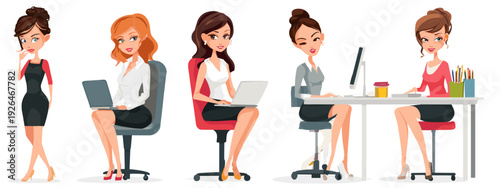 Set of Retro Business Women Characters in Different Office Poses Isolated on White