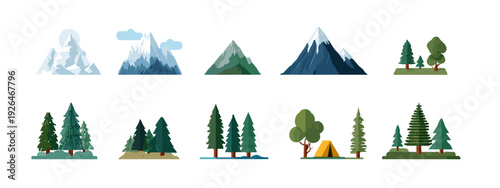 Set of Mountain and Forest Landscape Icons in Flat Design Isolated on White