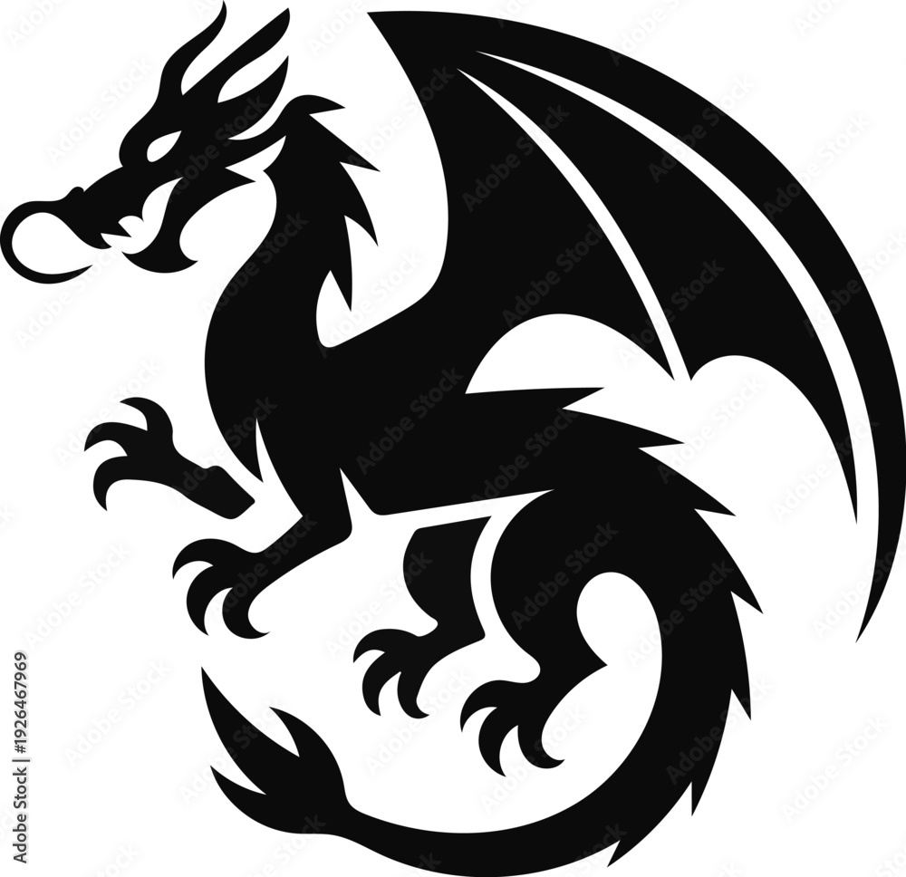 Fototapeta premium Black silhouette of a mythical dragon with wings spread