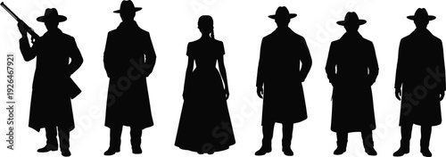 Set of black silhouettes of people wearing hats and long coats including a detective with a shotgun on white background.