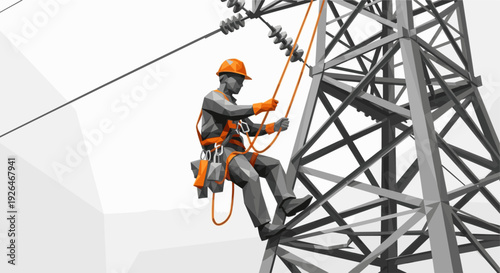 Illustration of a lineman climbing an electrical transmission tower wearing safety harness and hard hat, against a clean white background, highlighting safety and the complexities of electrical work.