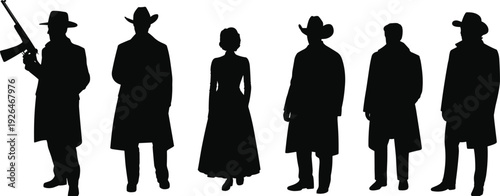 Set of black silhouettes of people wearing trench coats and hats including a detective with a gun on white background.