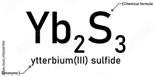 Ytterbium (III) sulfide chemical formula with callout titles