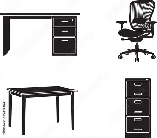 Black Silhouette Icons of Office Furniture and Desk chair filing cabinet