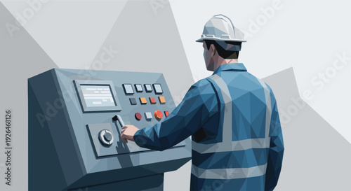Low poly illustration of a worker in safety gear operating an industrial control panel with buttons, a screen, and a lever, ideal for depicting manufacturing, technology, or factory work.