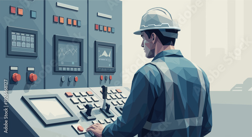 An engineer in a hardhat operates an industrial machine at a blue control panel with buttons, levers, and screens showing graphs, representing industry, technology, and manufacturing.