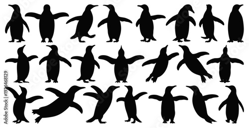 Penguin Bird Silhouettes Collection in Various Poses and Actions Isolated on Transparent Background