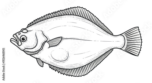 Flounder Fish Outline Drawing - Seafood Ingredient or Marine Life Illustration