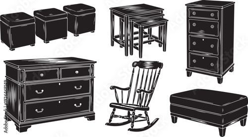 Black Silhouette Illustrations of Vintage Furniture and Ottomans stool nesting tables