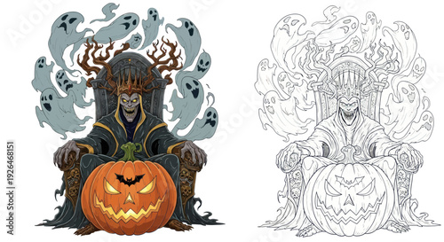 Halloween King on Throne with Ghosts and Jack o Lantern