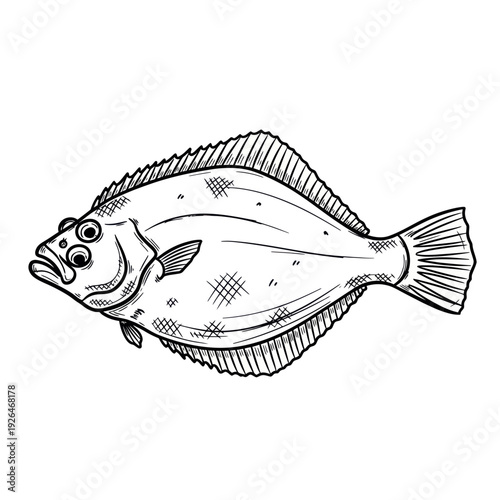 Hand-drawn sketch of a flatfish, isolated on white background