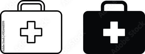 Medical first aid kit icons in outline and solid style isolated on white background, healthcare emergency box symbol flat vector illustration