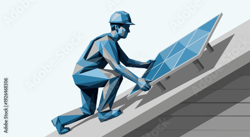 Low poly geometric worker in blue installs a solar panel on a grey rooftop. Modern design ideal for renewable energy, construction and technology related projects.